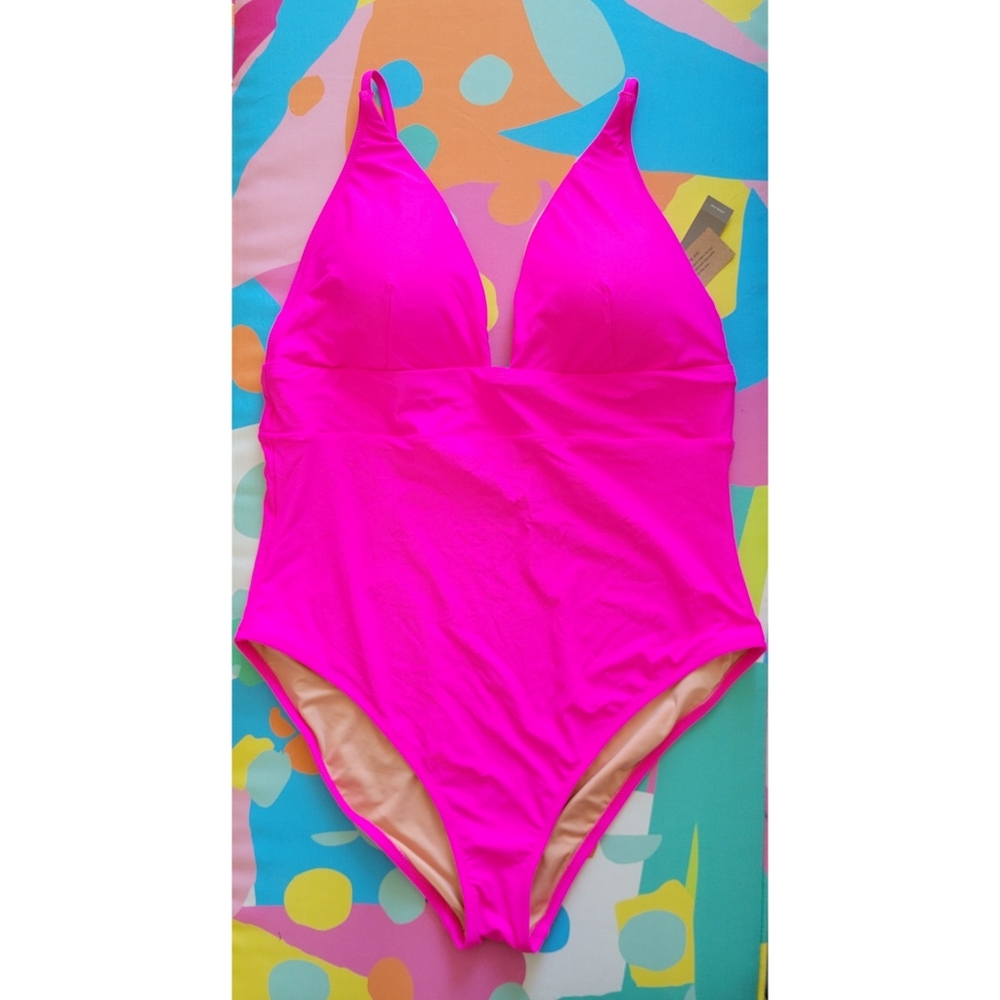 J.Crew Long torso Deep V-neck french one-piece swimsuit Neon Flamingo Sz 16 NWT